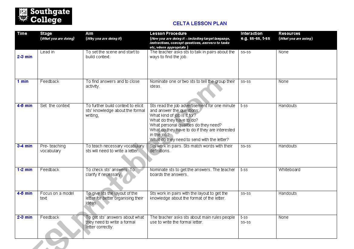 Writing lesson plan worksheet