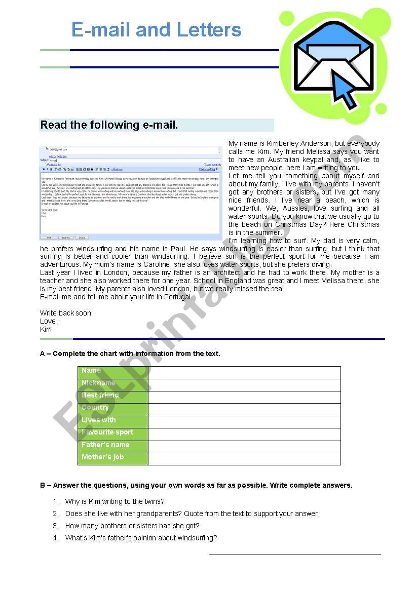 Email and letters worksheet
