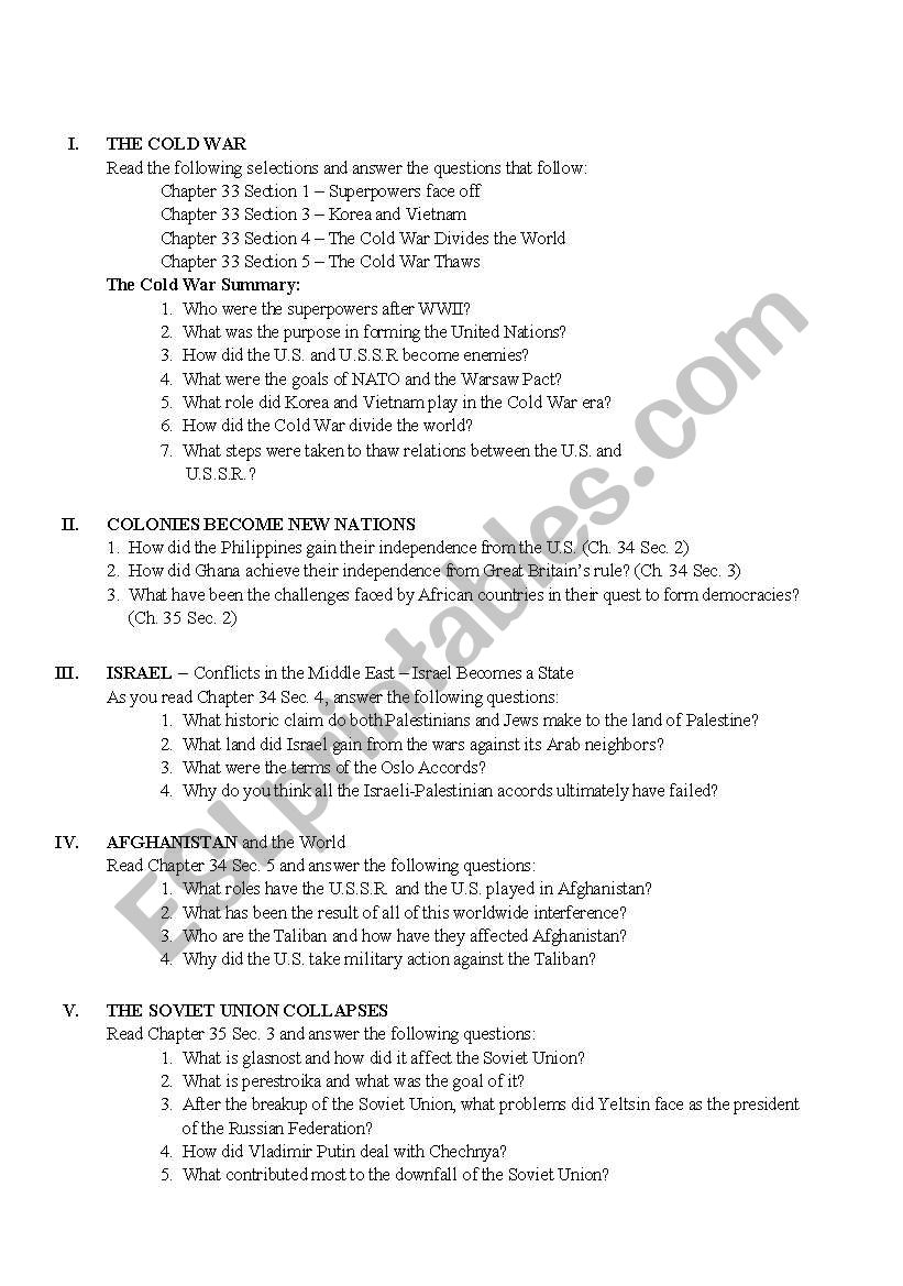 Cold War and Beyond Worksheet worksheet