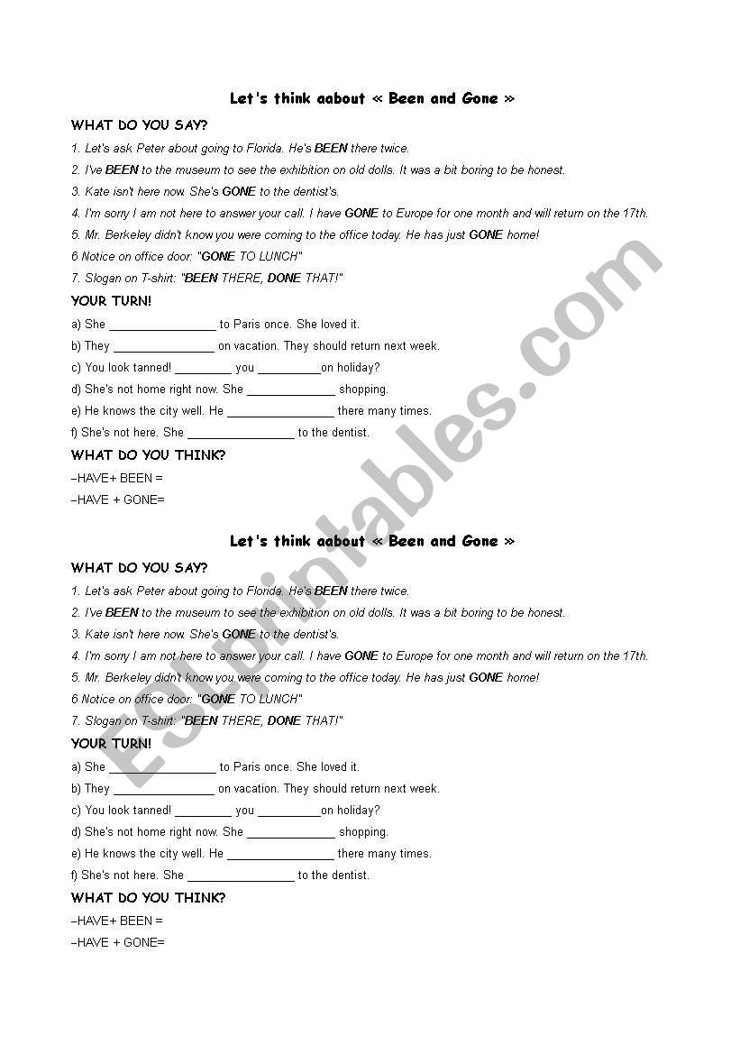 BEEN OR GONE worksheet