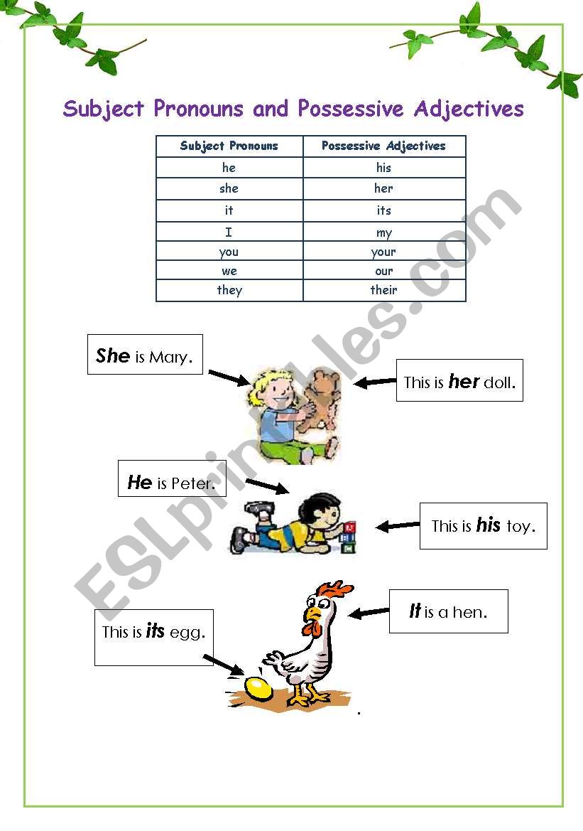 subjective pronouns and possessive adjectives (4pages) (notes +3 exercise)