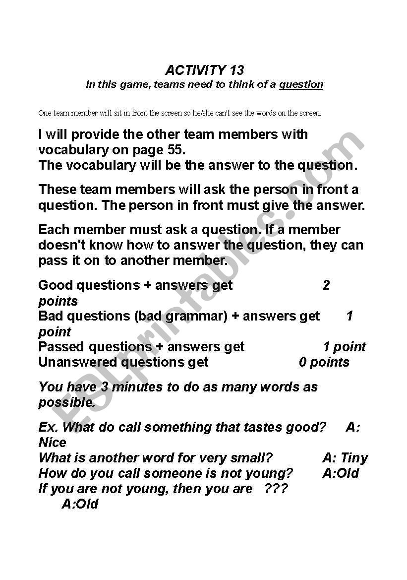 The Question game worksheet