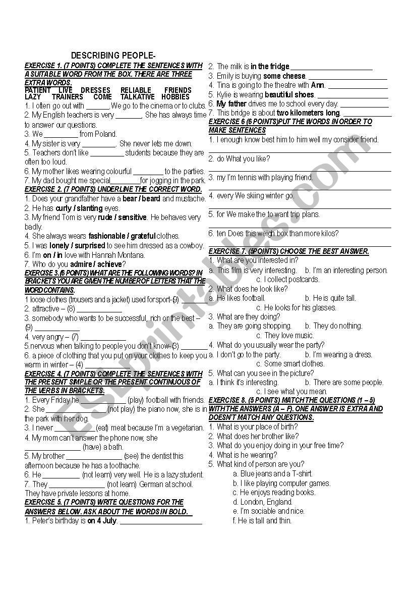 DESCRIBING PEOPLE  worksheet