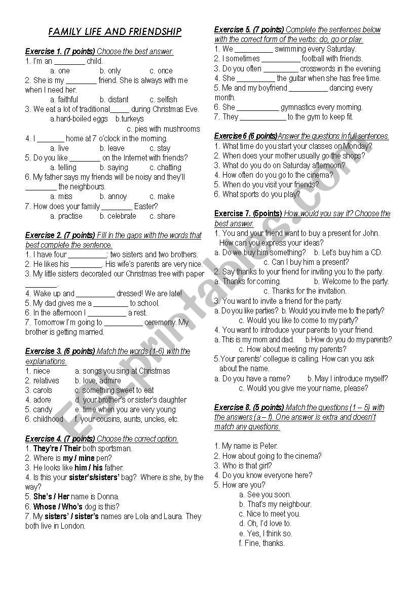 FAMILY LIFE AND FRIENDSHIP worksheet