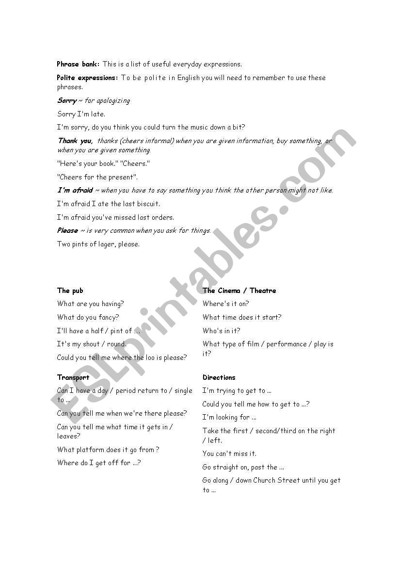 Phrase Bank worksheet