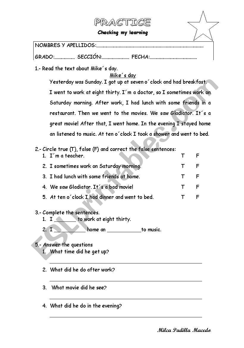 Mikes day worksheet
