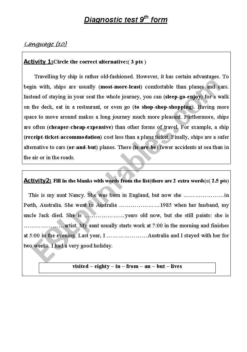 9 th form diagnostic test worksheet