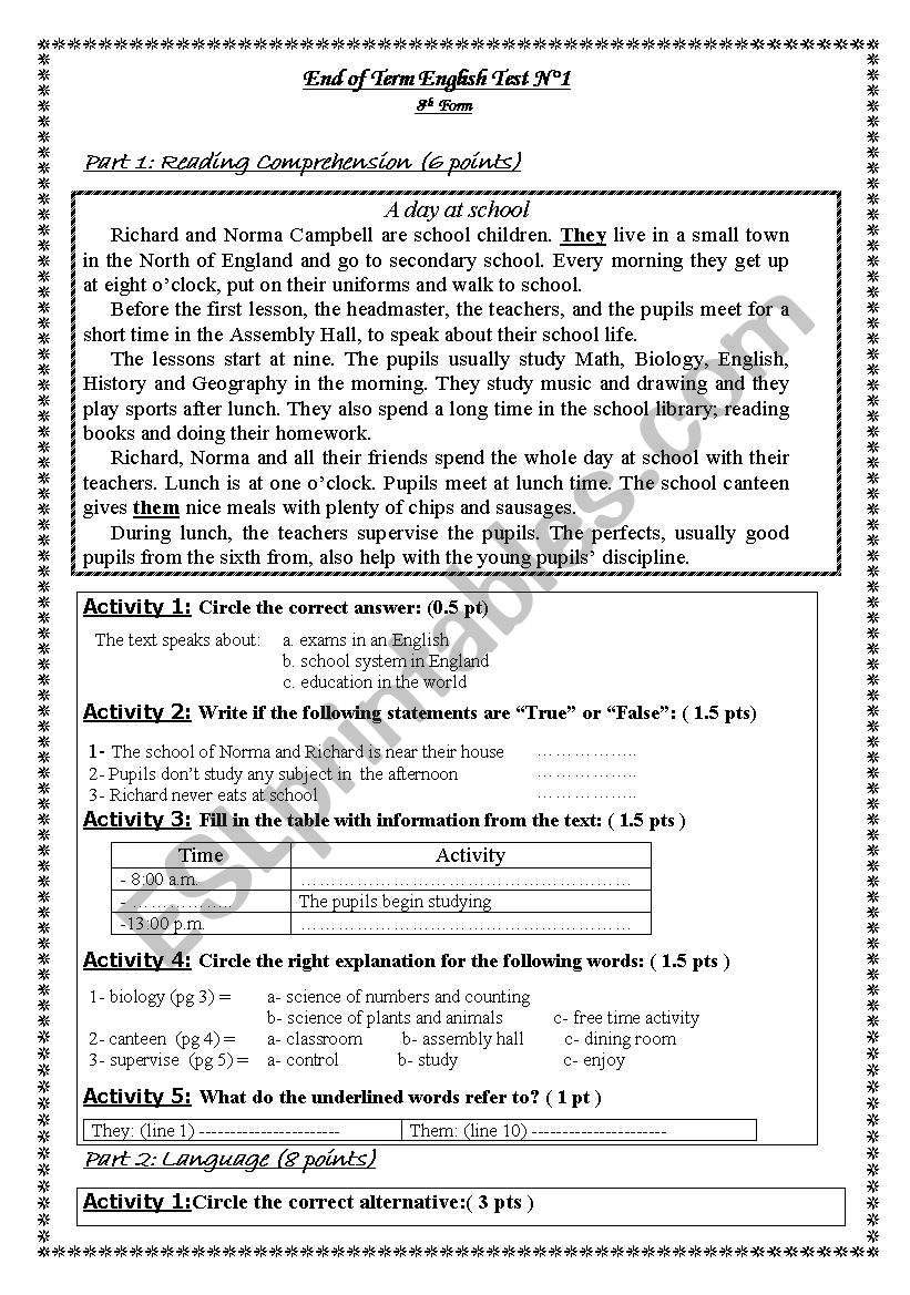 8 th form end of term test1 worksheet