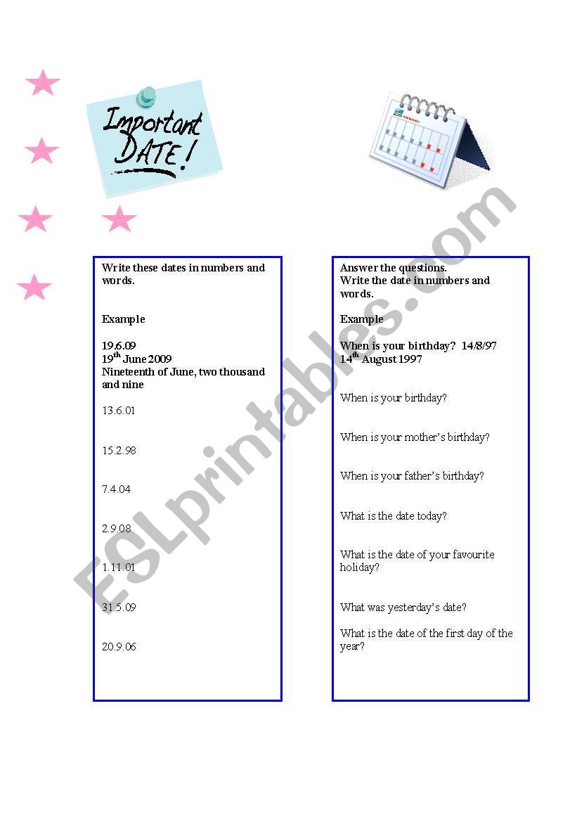 Dates worksheet