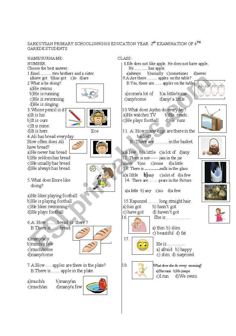 6th grade exam worksheet