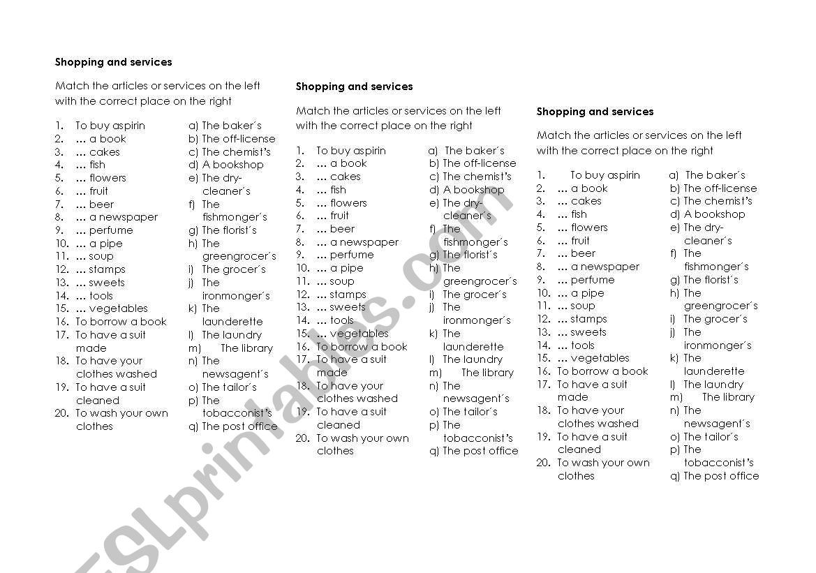 Shopping and Services worksheet