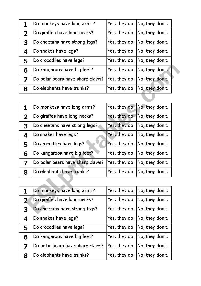 Animals body parts worksheet