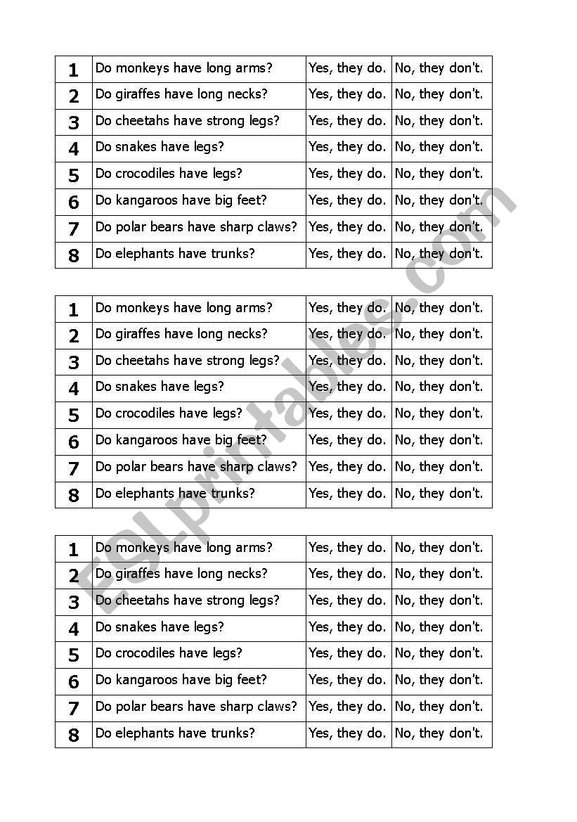 Animals body parts worksheet