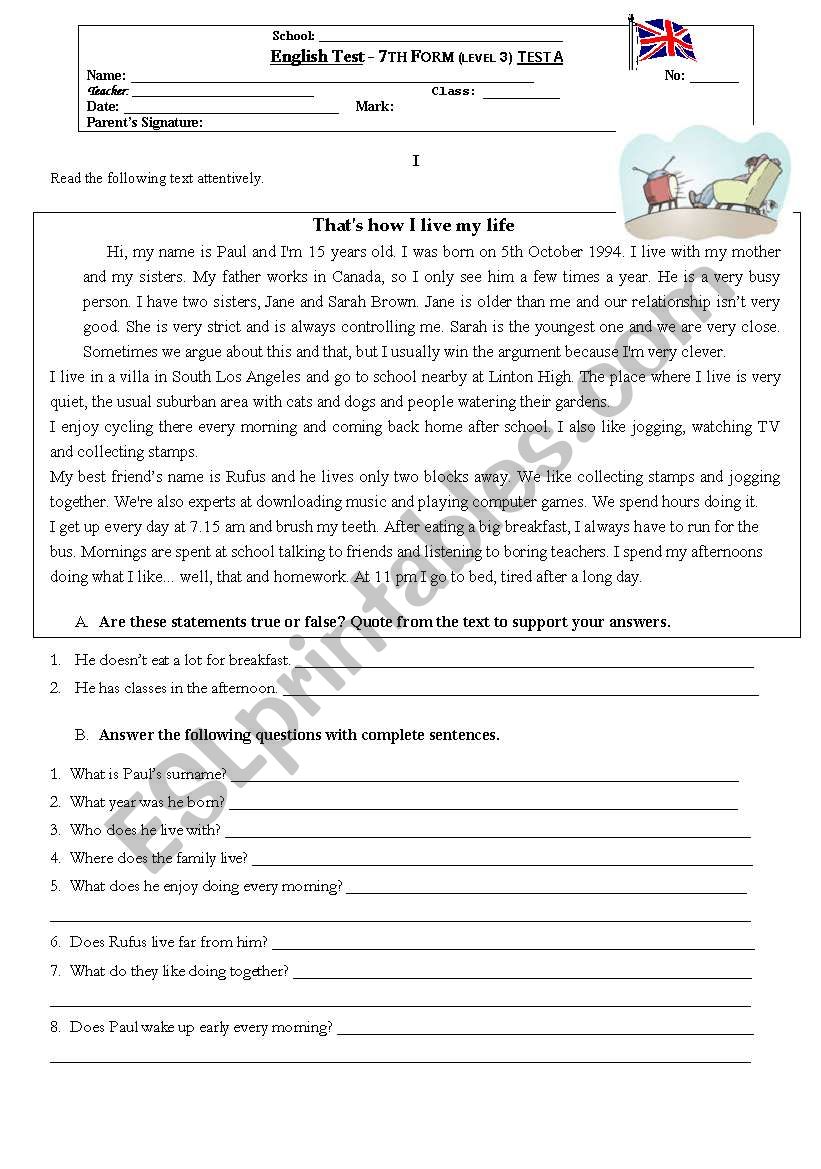 Test about hobbies A worksheet