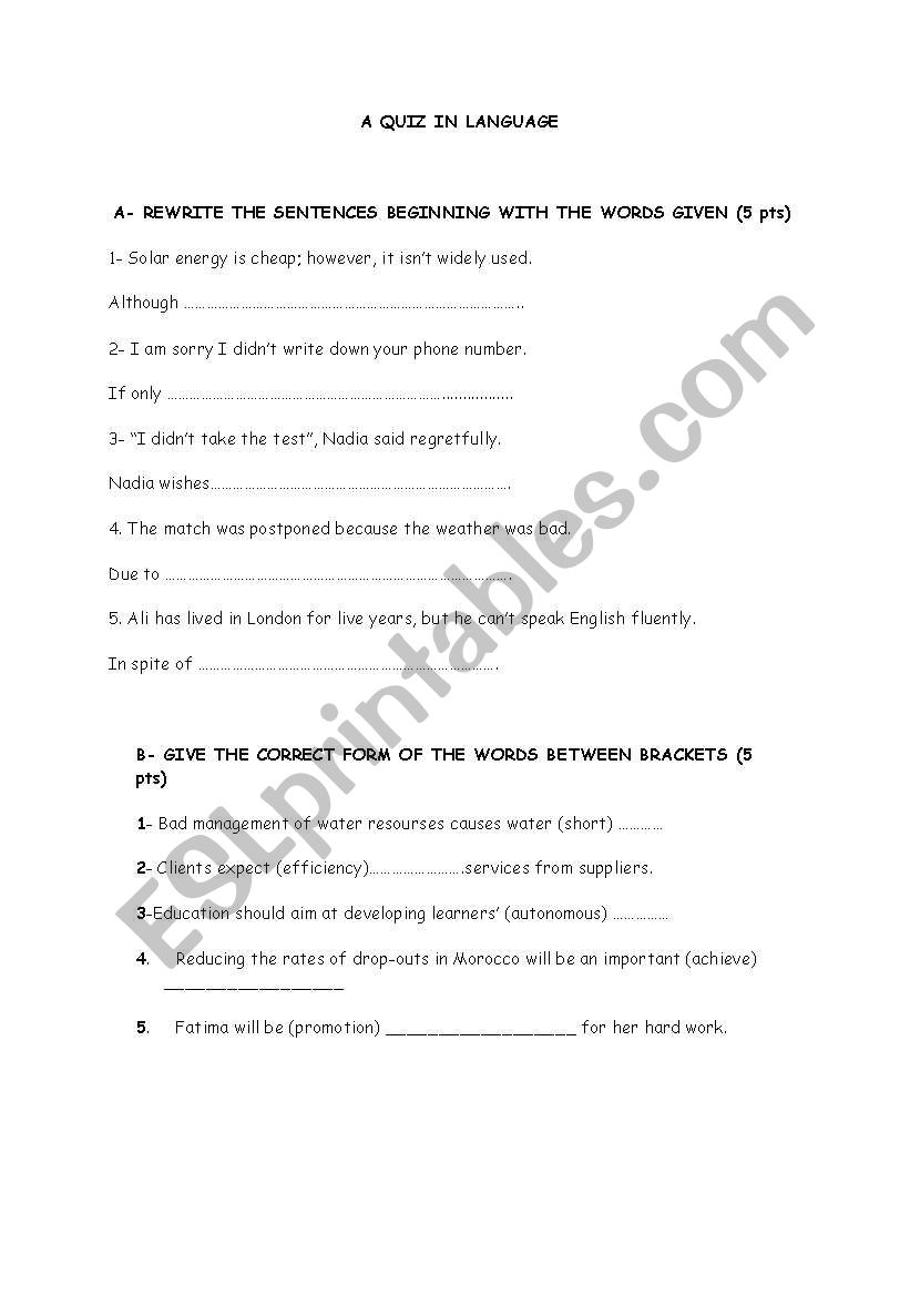 a language test worksheet