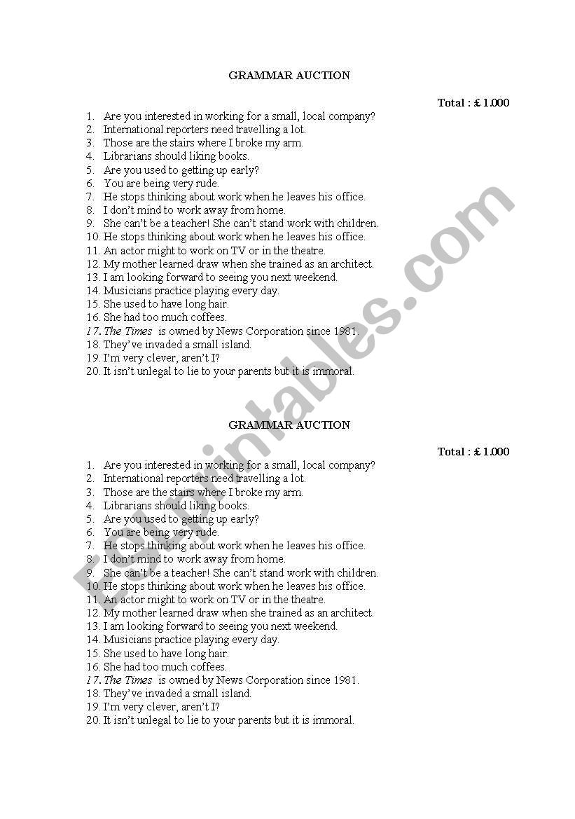 Grammar Auction worksheet