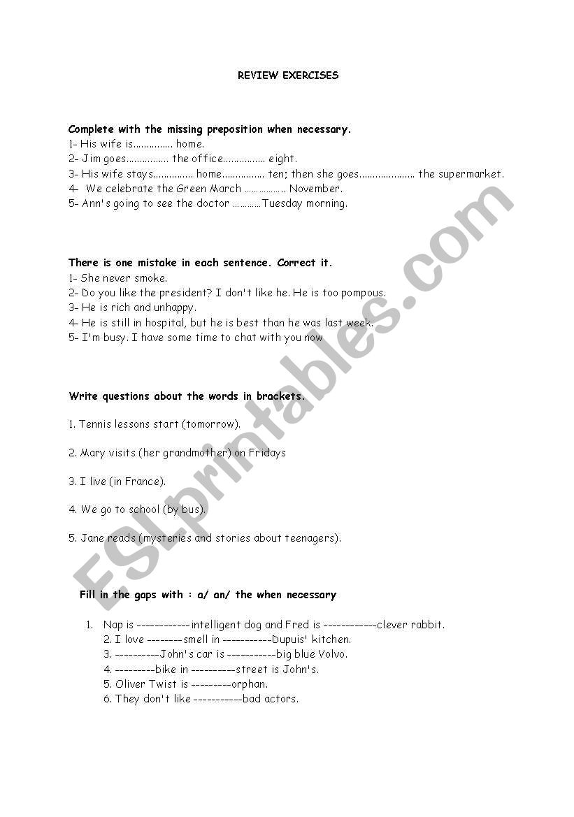 review exercises worksheet