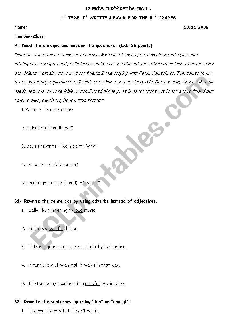 test for the 8th grades TR worksheet