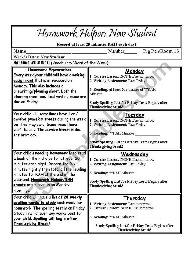Homework Planning Sheet worksheet