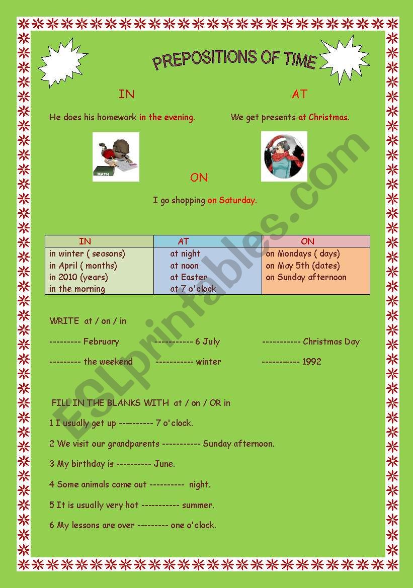 Prepositions of time worksheet