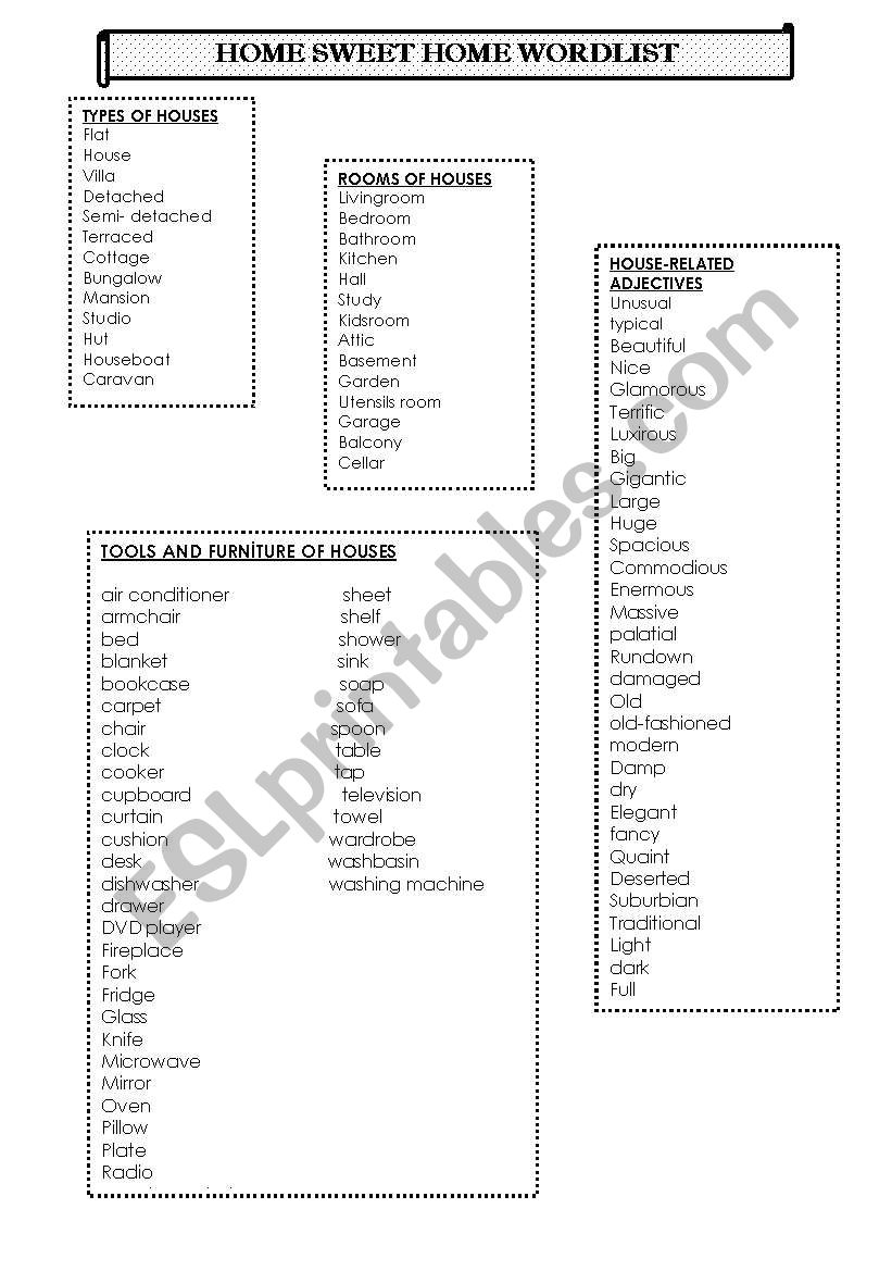 HOUSE WORDLIST worksheet