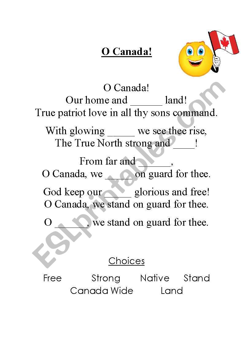 O Canada Song  worksheet