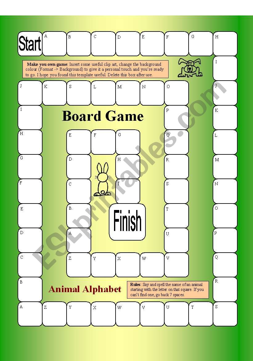 Board Game - Animal Alphabet - 62 Squares, 1 page 