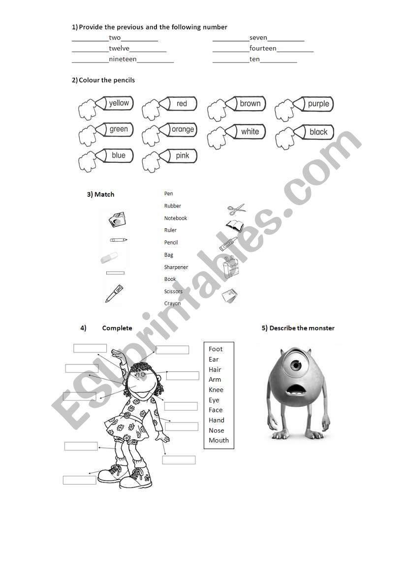 Test - Numbers - colours - school objects - parts of the body