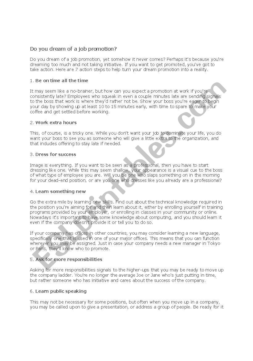 Job promotion worksheet