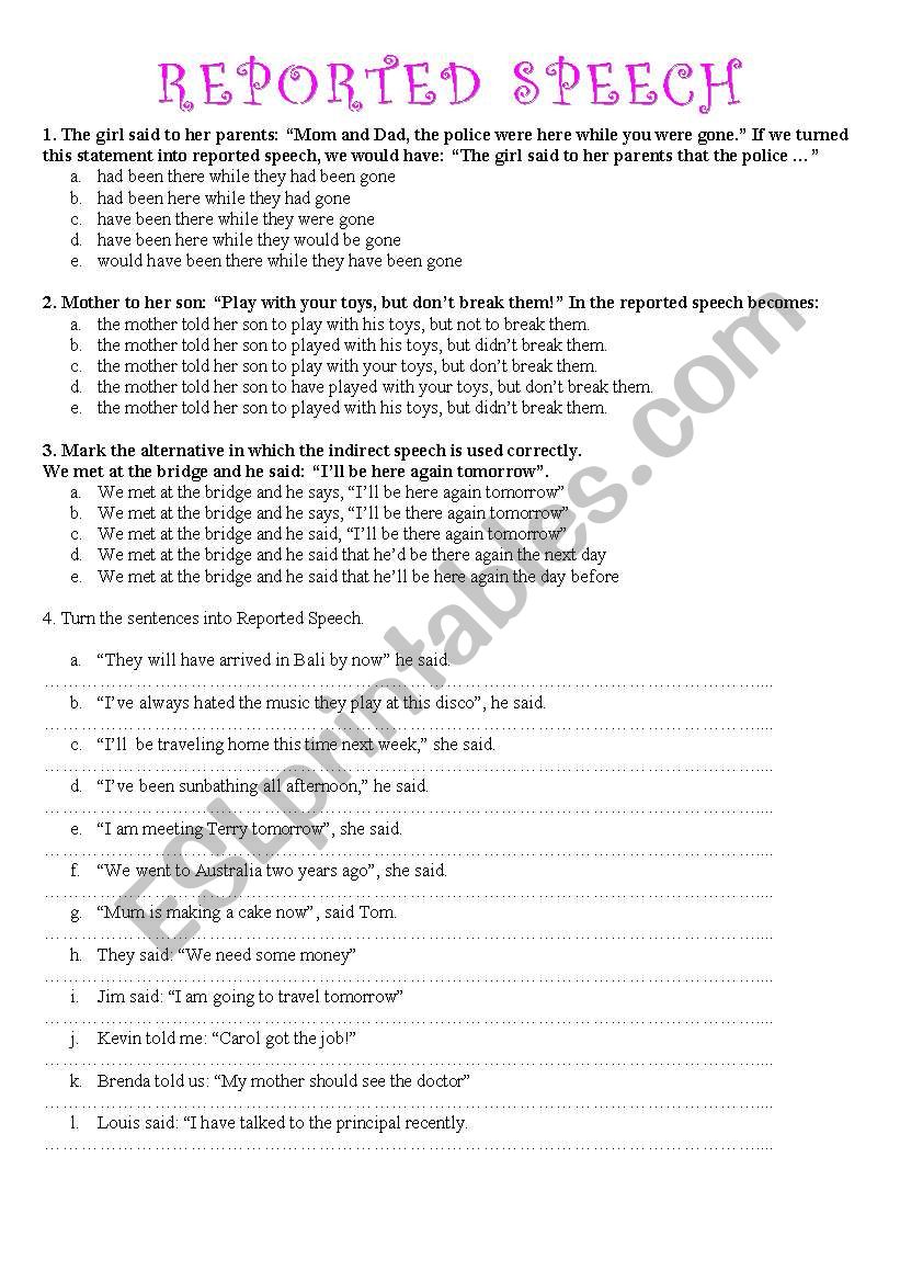 REPORTED SPEECH worksheet