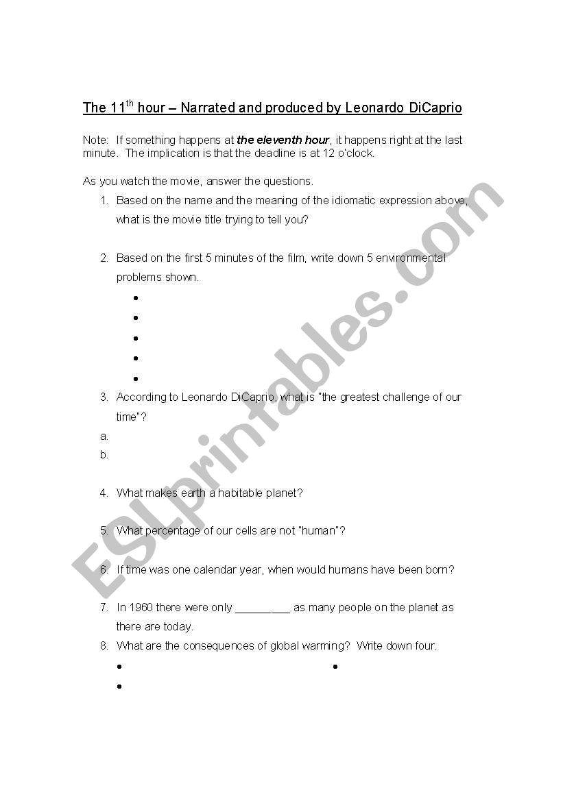 The 11th Hour Movie Leonardo Dicaprio Esl Worksheet By Woodruffman