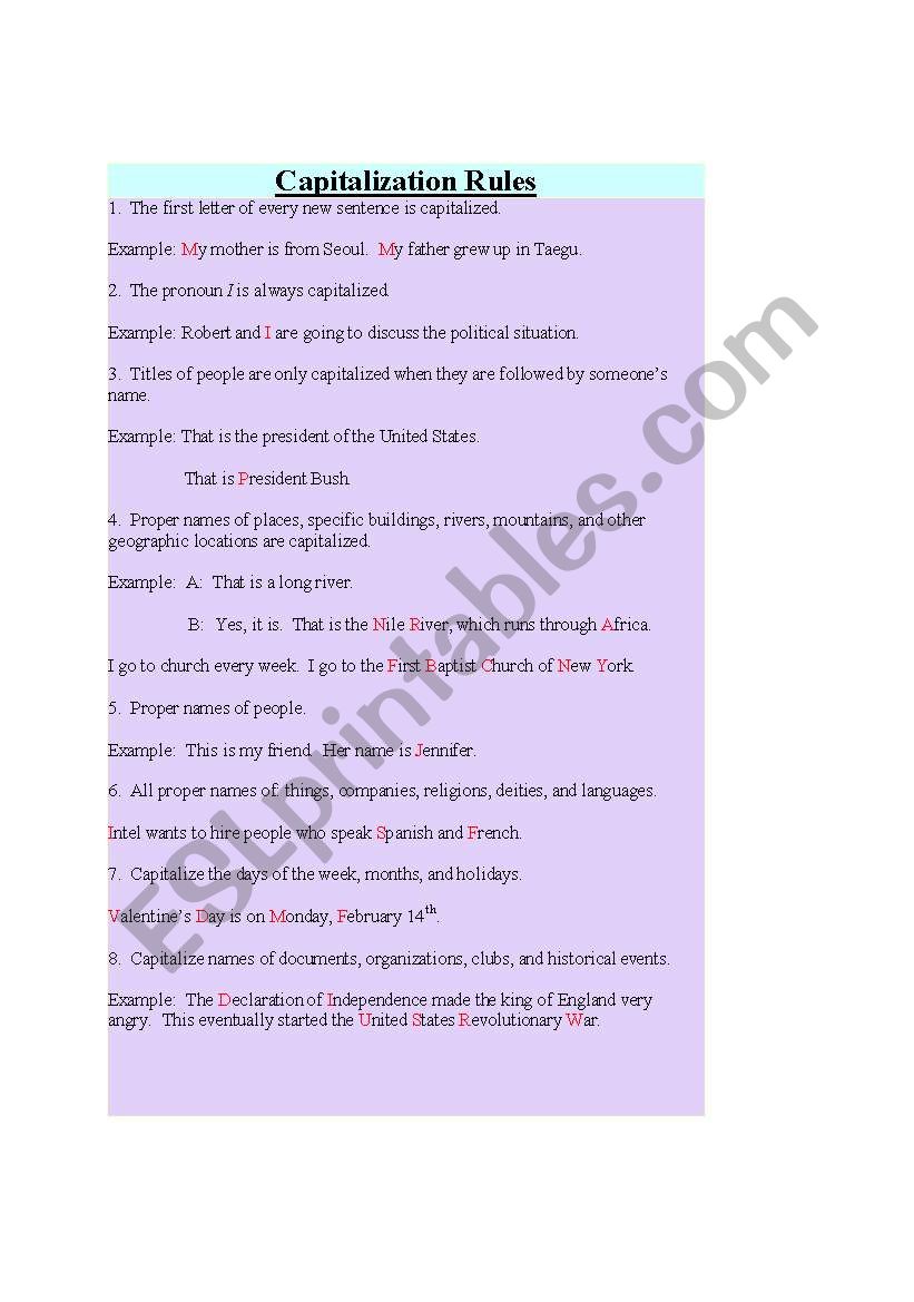 Capitalization Rules worksheet