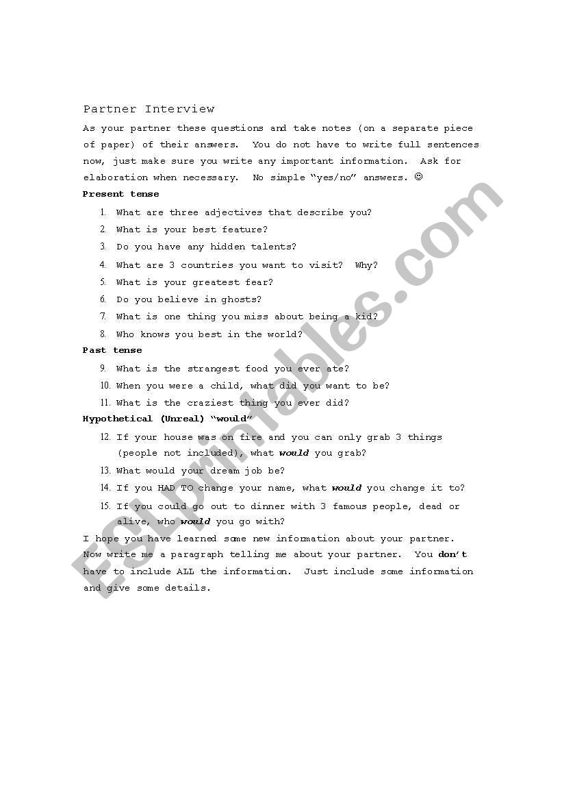 English worksheets: Getting to know your partner interview
