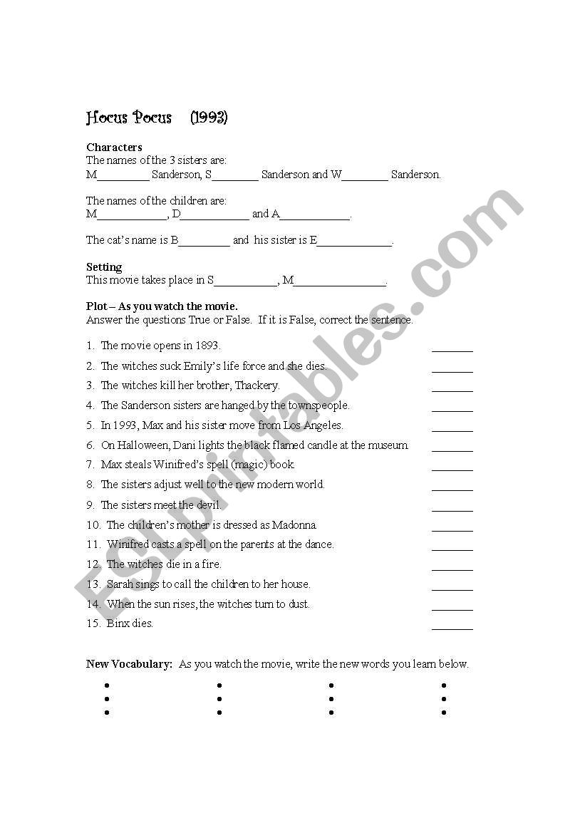 Hocus Pocus Halloween Movie Worksheet