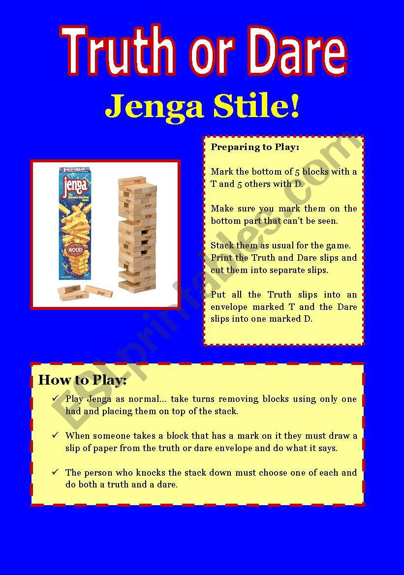 Truth or Dare Jenga worksheet