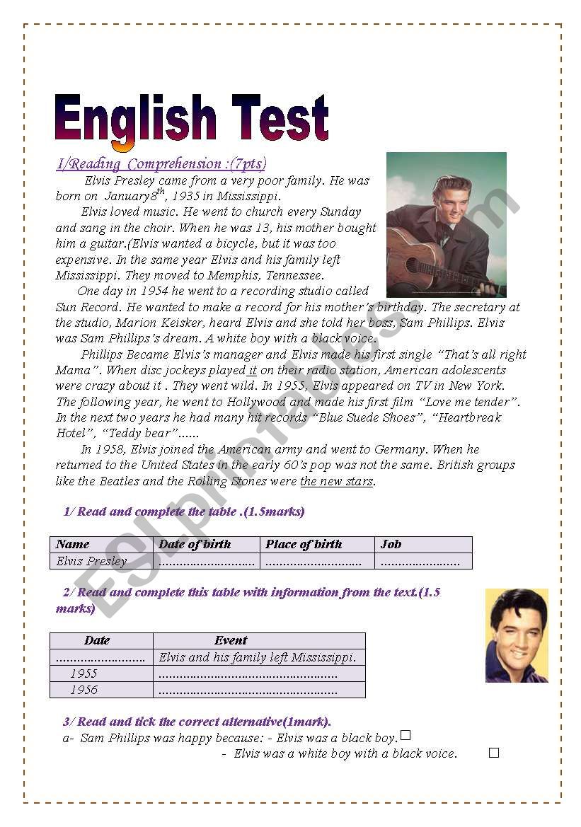 English Test (3 parts): Reading Comprehension/Grammar+Vocabulary/Writing