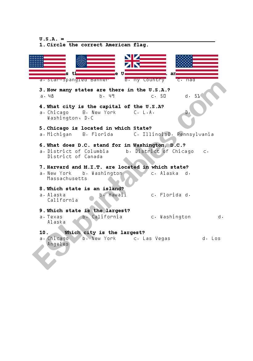 quiz on u.s.a. worksheet