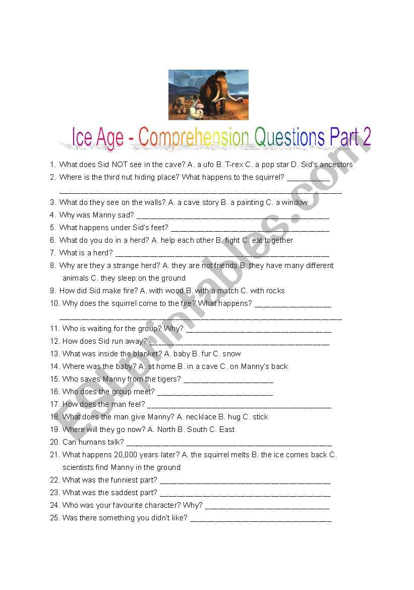 Ice Age Movie Viewing Comprehension Questions Part 2
