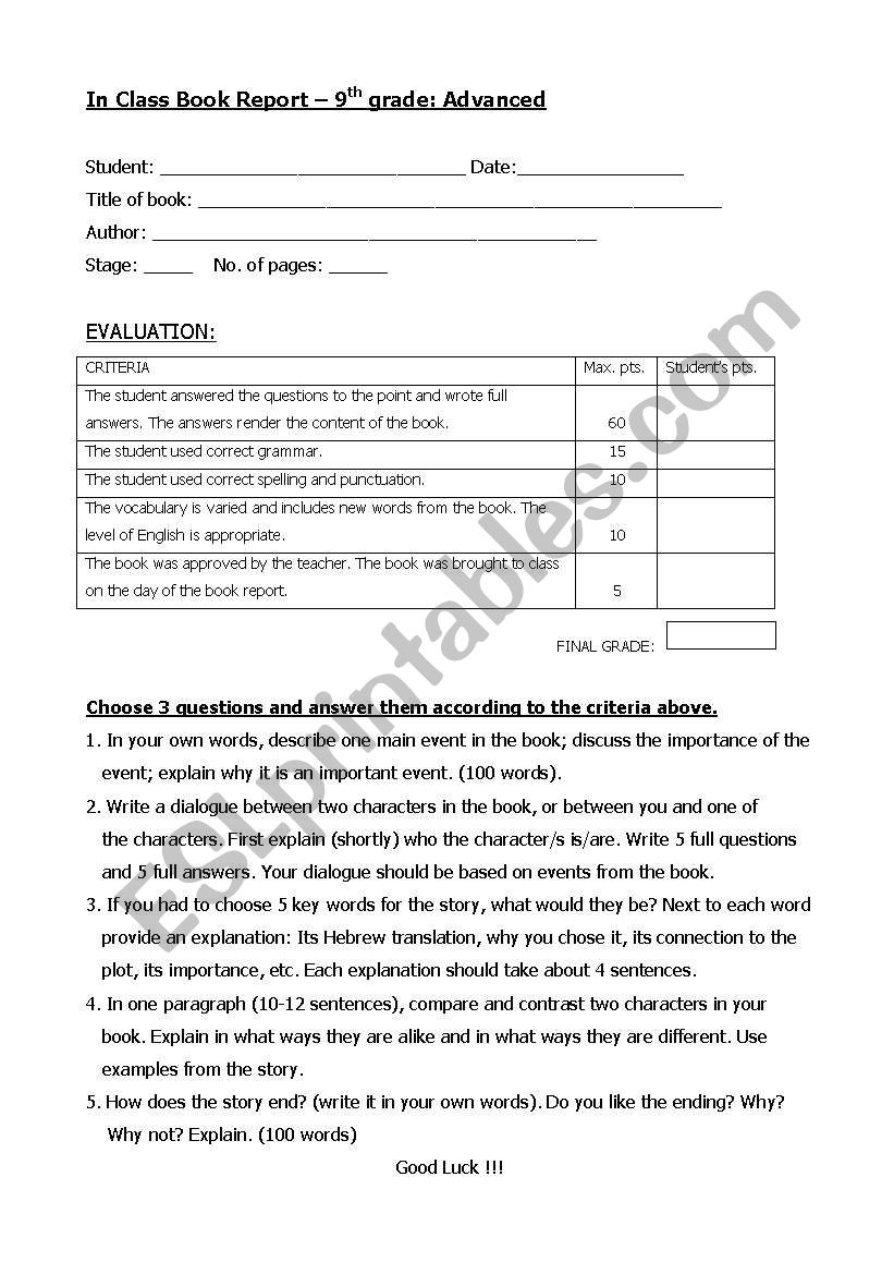 Book Report assignment worksheet