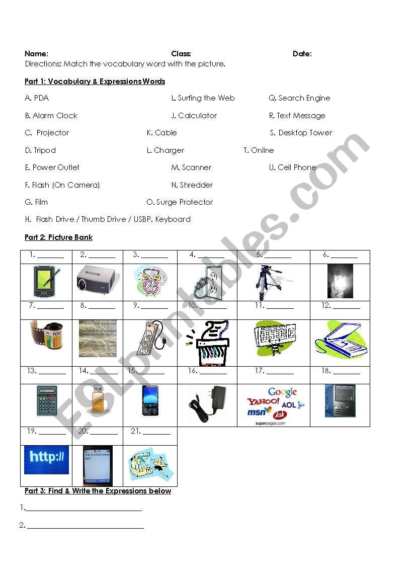 Electronic and Internet Related Vocab: Picture Matching