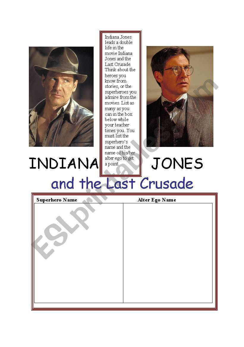 Indiana Jones as a superhero worksheet