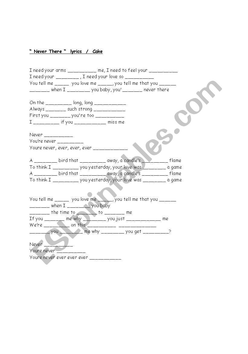 Never There by Cake worksheet