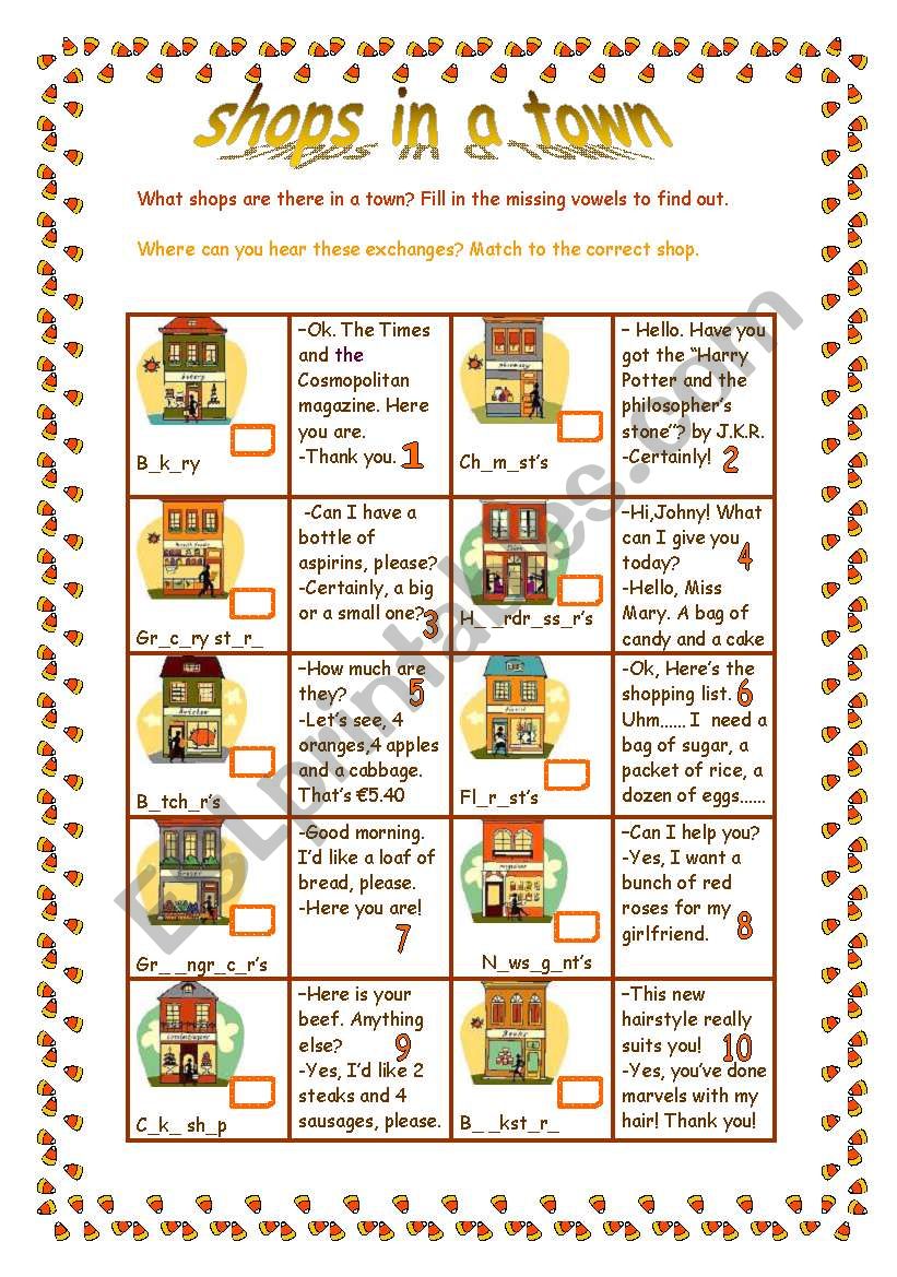 Shops in a town worksheet