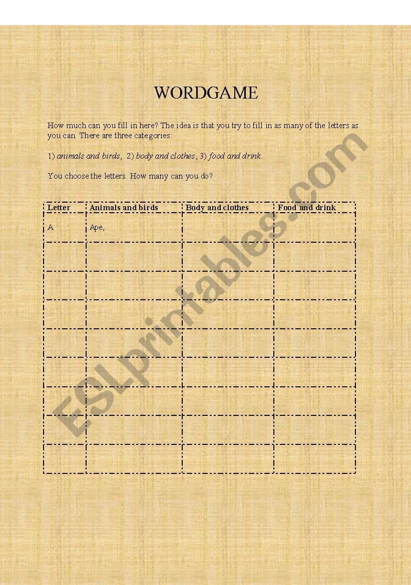 WORDGAME worksheet