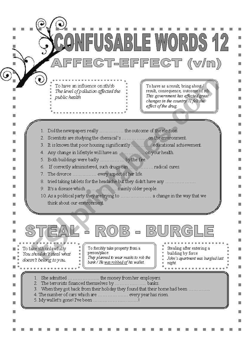 CONFUSABLE WORDS 12-AFFECT-EFFECT-TEAL-ROB-BURGLE-COMPREHENSIVE-UNDERSTANDING