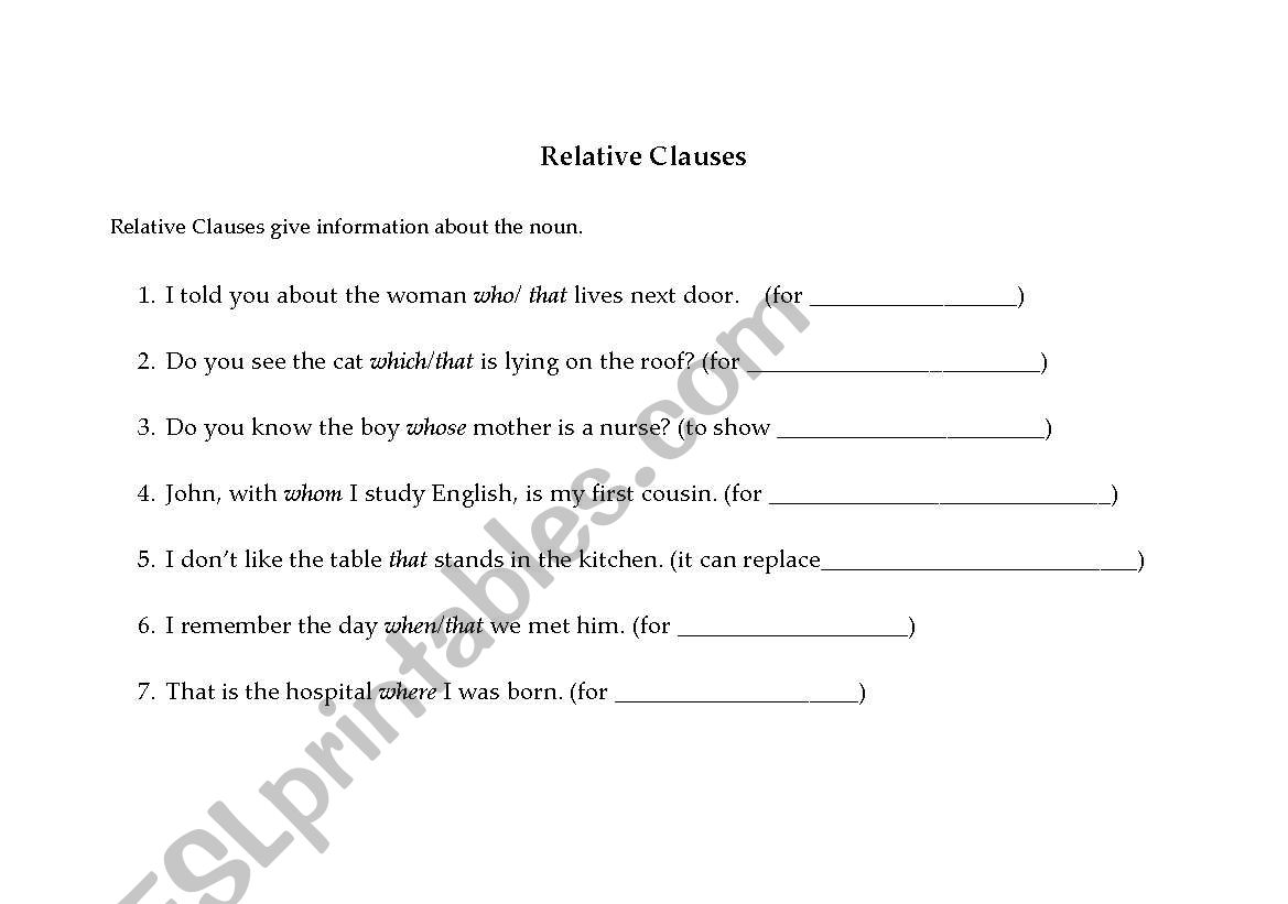 RELATIVE CLAUSES worksheet