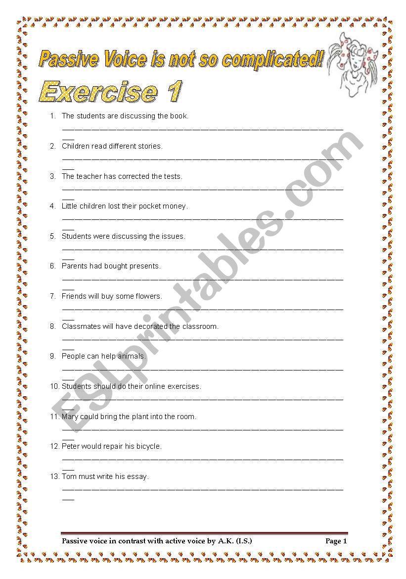 60 sentences/3 pages Passive Voice in contrast to Active Voice with a table of pronouns