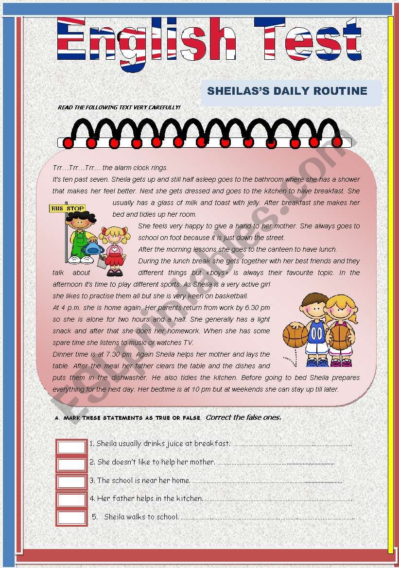 Test- Sheilas Daily Routine worksheet