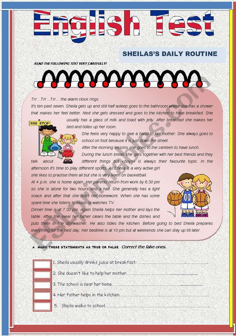 Test- Sheila´s Daily Routine worksheet
