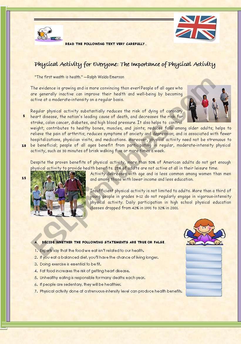 Test about Physical Activity worksheet